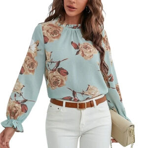 Shein Ruffle Neck Floral Print Blouse Seafoam Green  Earth Tone Flowers L